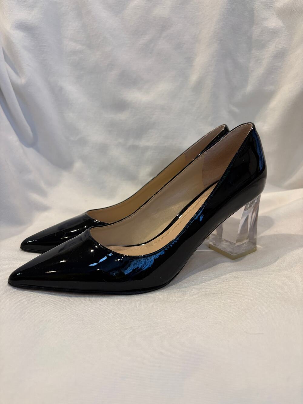 Mark Fisher MLZALA Pumps Shoes Block Heels Clear Lucite Black Patent Leather 6.5